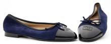 Chanel Navy Suede & Black Patent Leather Ballerina Flats - Size 37