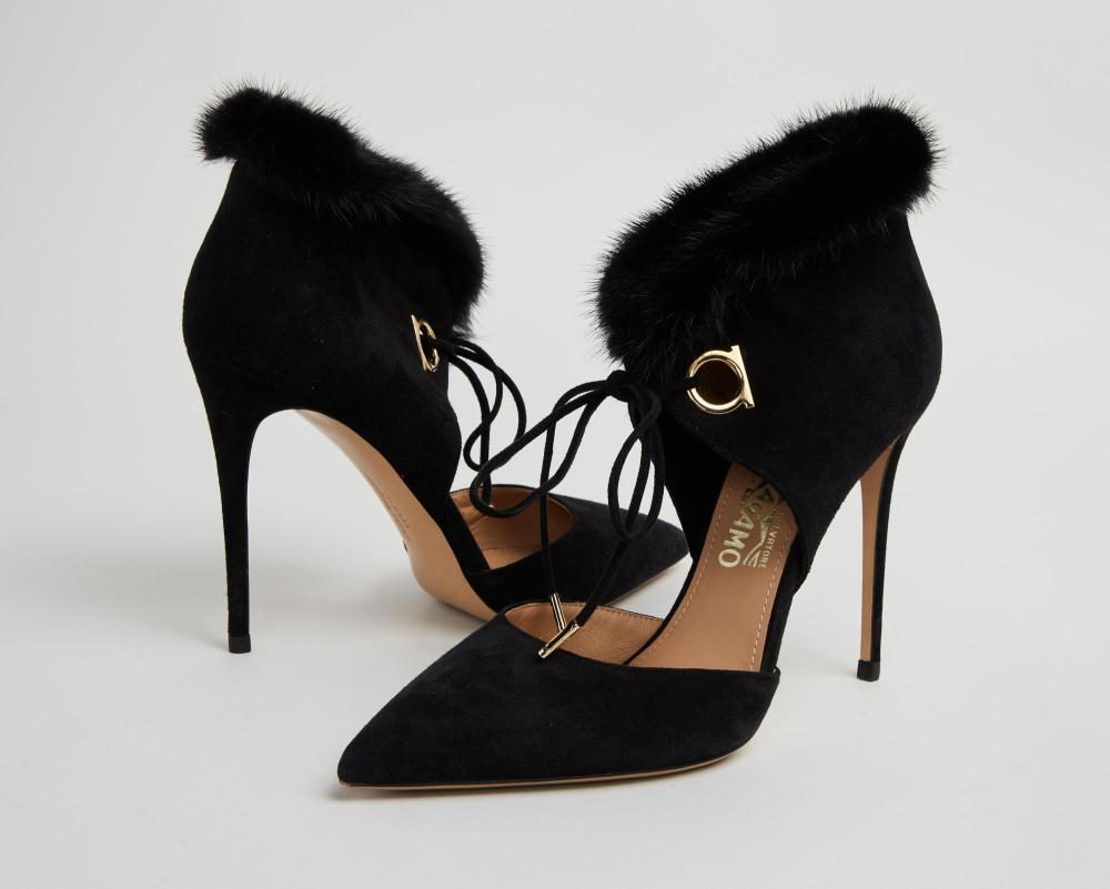 Salvatore Ferragamo Gancini Black Suede Stilettos