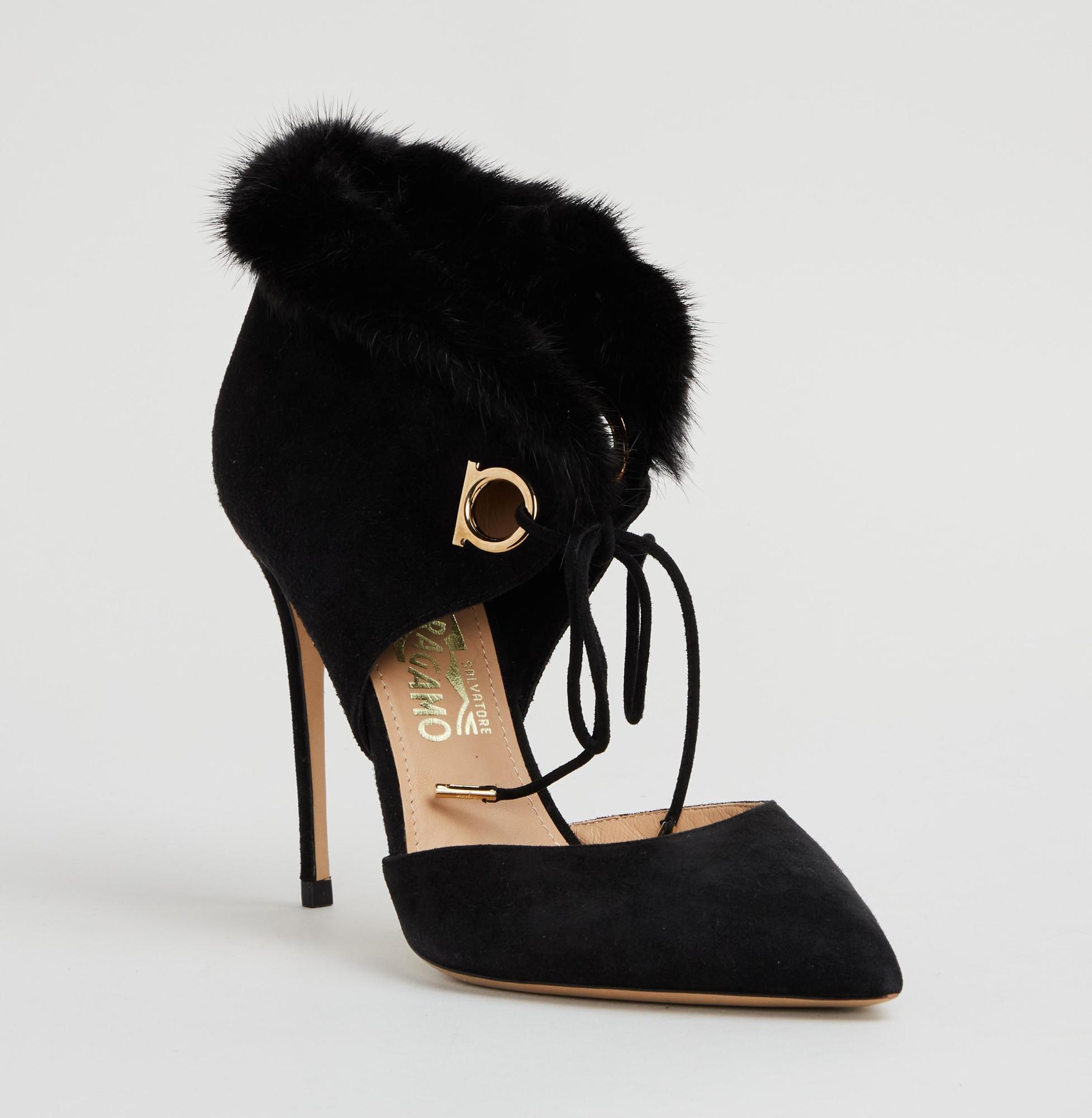 Salvatore Ferragamo Gancini Black Suede Stilettos