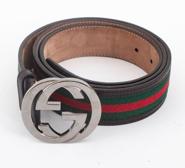 Gucci GG red green stripe brown leather belt Gold S M GUCCI Web Nylon Double G Buckle Belt Size 45 Red/Green-US main image 4