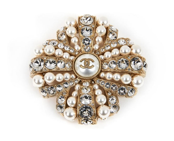 Chanel Gold Ribbon Brooch with Pearls, Crystals and CC Logo