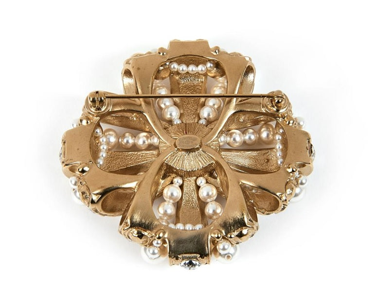 Chanel Gold Ribbon Brooch with Pearls, Crystals and CC Logo