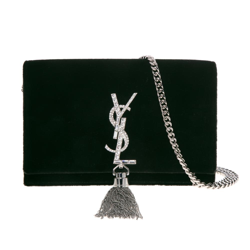 Saint Laurent Green Velvet Crystal Monogram Kate Clutch with Chain Shoulder Strap