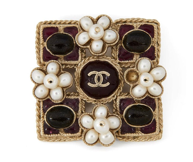 Chanel Square Golden Brooch with Resin and Faux Pearls