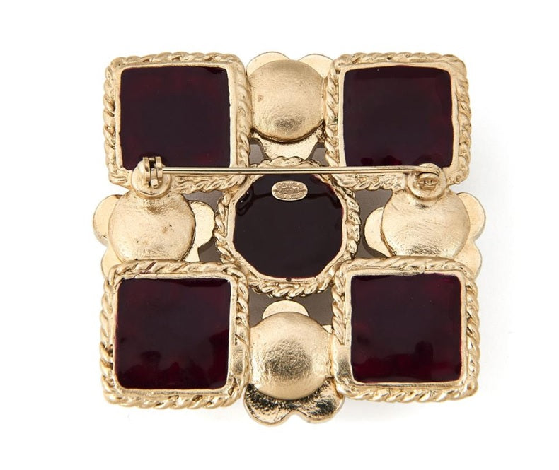 Chanel Square Golden Brooch with Resin and Faux Pearls