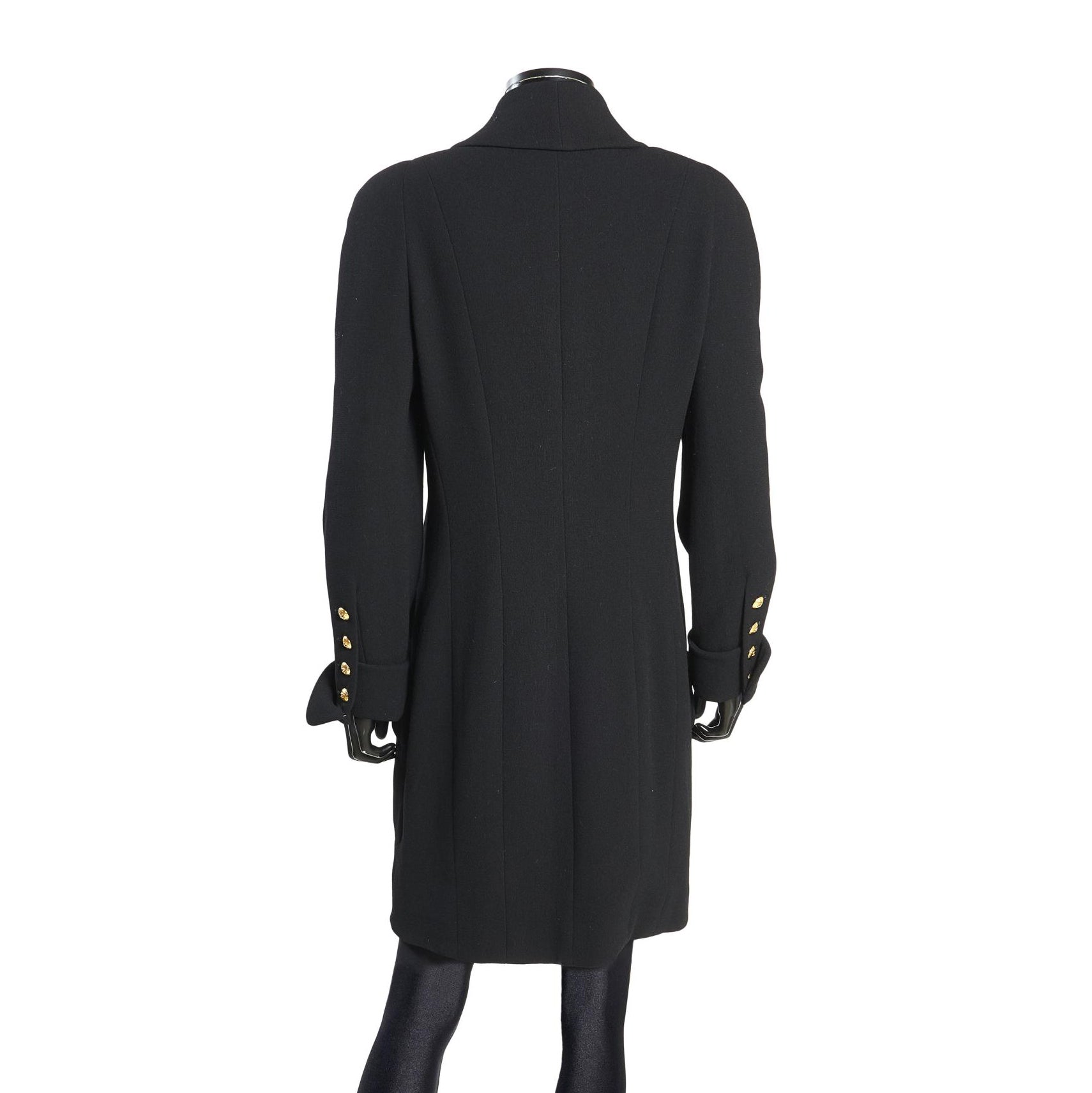 Chanel Boutique Black Wool Coat Dress with Gold Chanel Buttons - Medium