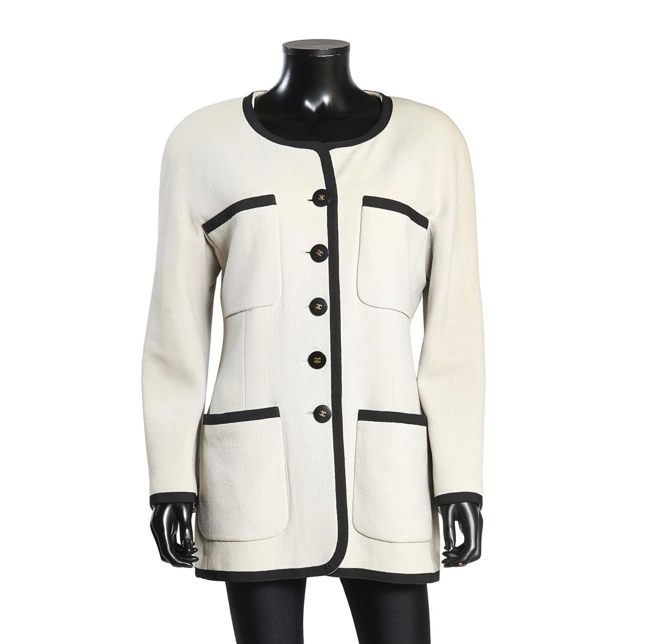 Chanel Boutique Light Gray Wool Jacket with Black CC Buttons - Women's Size 42