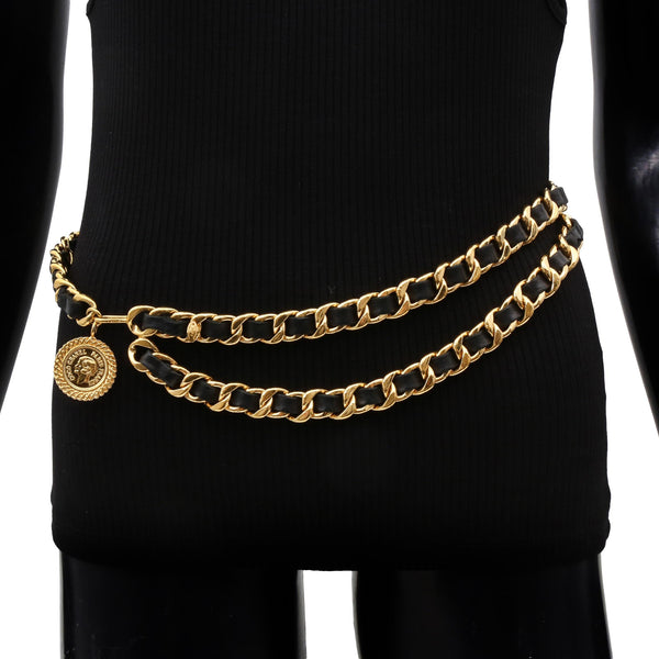 Chanel - Gold & Black Leather 'CC' Medallion Chain Belt Chanel - Gold & Black Leather 'CC' Medallion Chain Belt