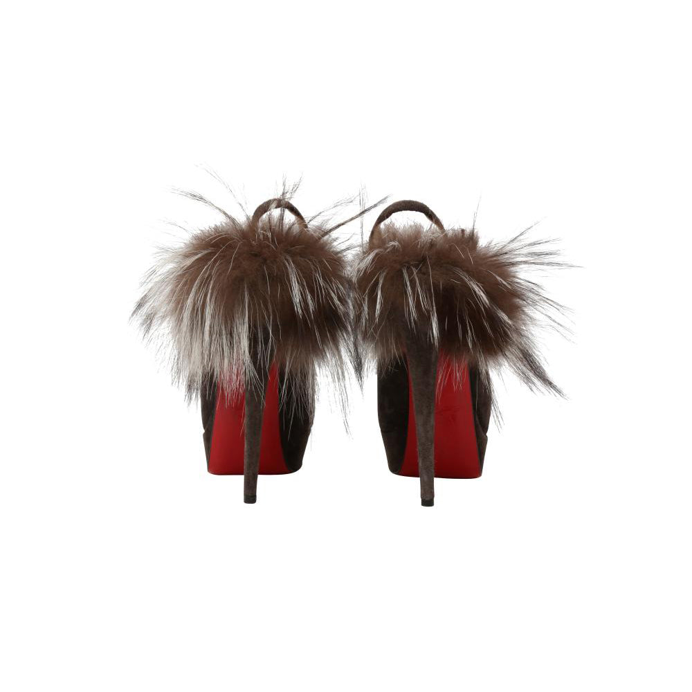 Christian Louboutin Brown Suede Platform Slingback Heels with Fur Accent - Size 40 EU/ 10 US