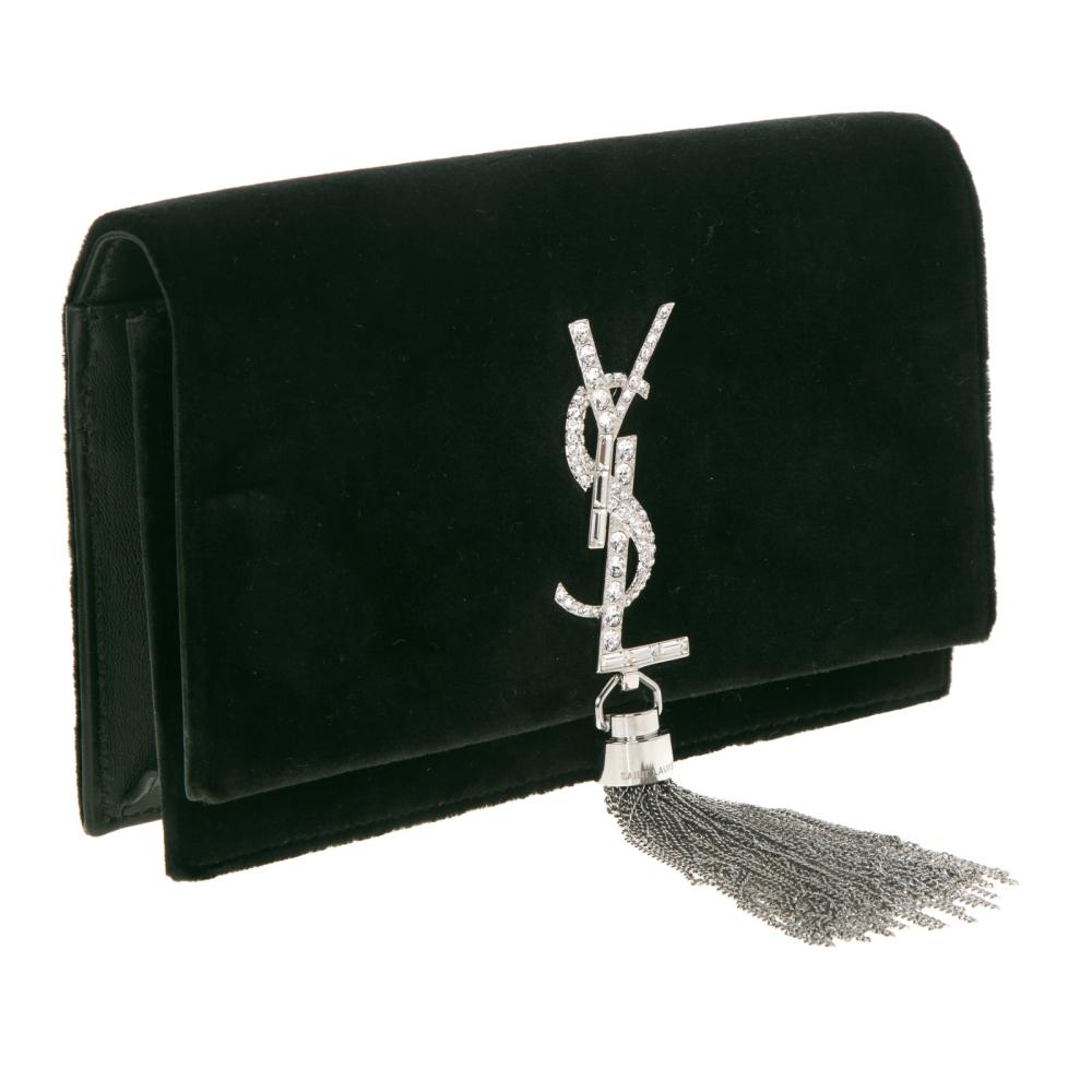 Saint Laurent Green Velvet Crystal Monogram Kate Clutch with Chain Shoulder Strap