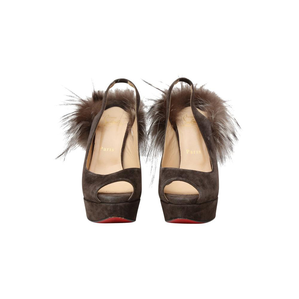 Christian Louboutin Brown Suede Platform Slingback Heels with Fur Accent - Size 40 EU/ 10 US