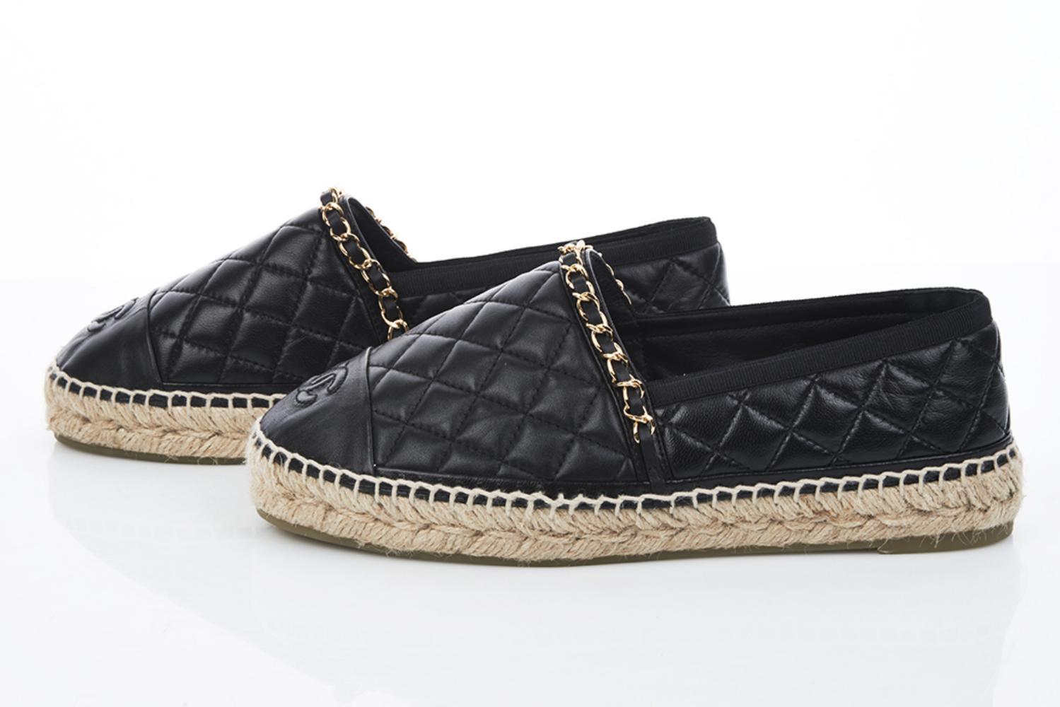 Chanel Quilted Black Leather Espadrilles - Size 38 EU / 8 US