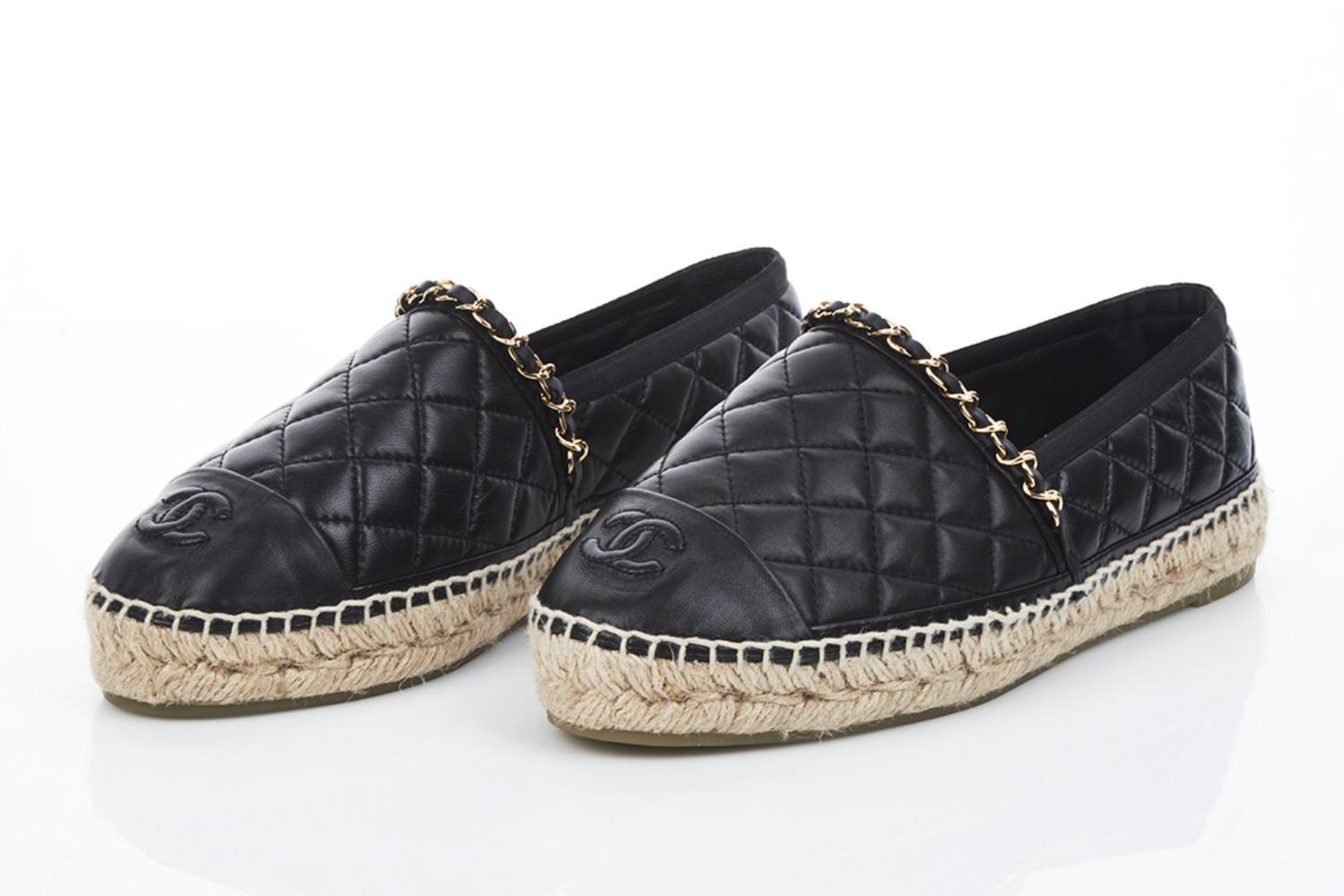 Chanel Quilted Black Leather Espadrilles - Size 38 EU / 8 US