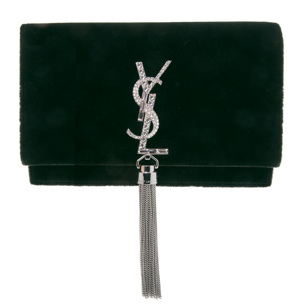 Saint Laurent Green Velvet Crystal Monogram Kate Clutch with Chain Shoulder Strap