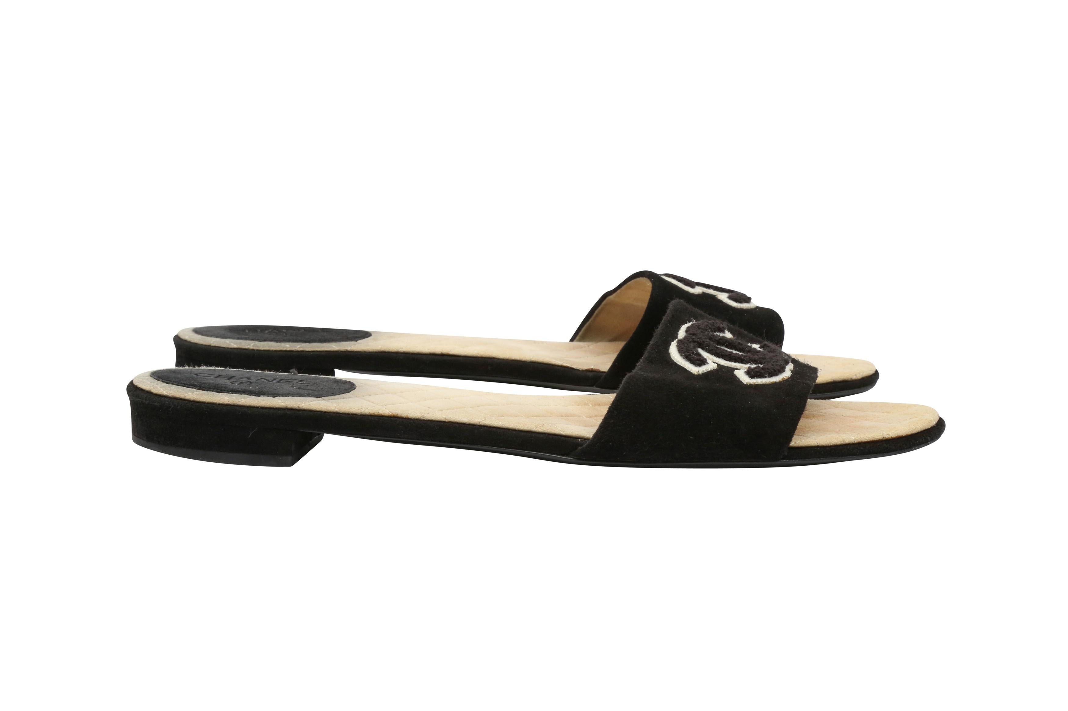 Chanel Black Embroidered Logo Slides - Size 41.5 EU / 11.5 US