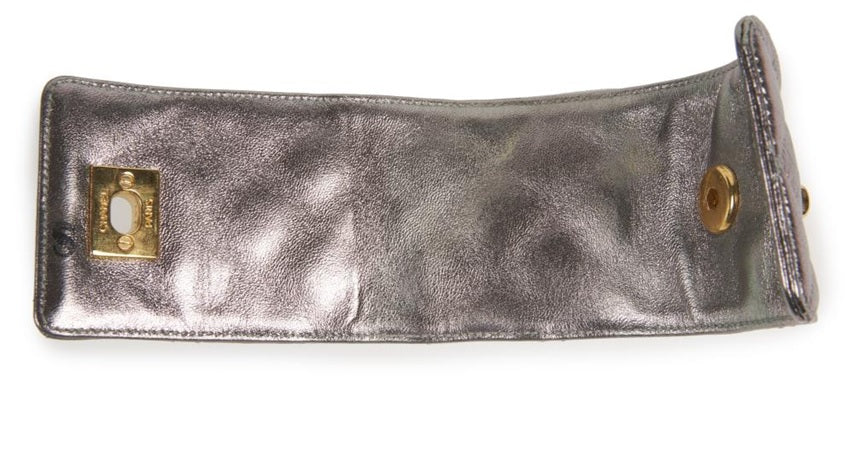 Chanel Quilted Silver Leather CC Gold Turn-lock Wide Cuff