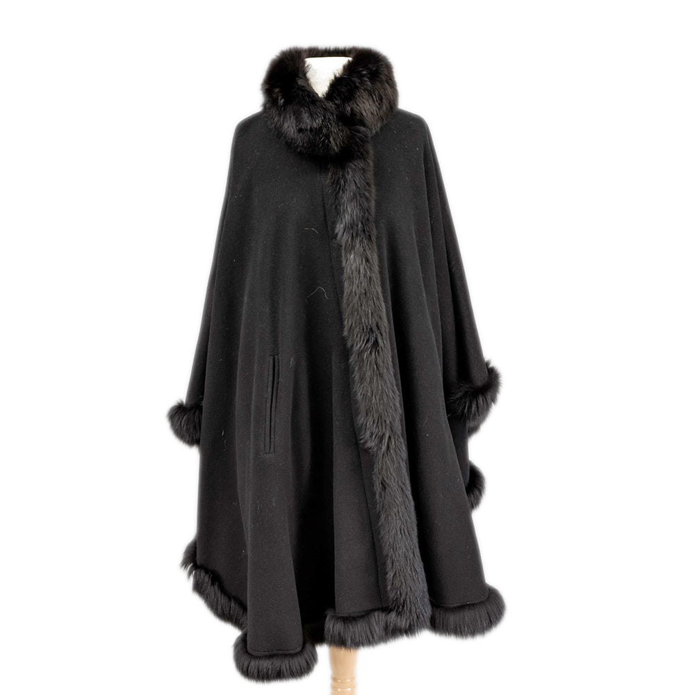 Cashmere with Fur Trim Black Poncho