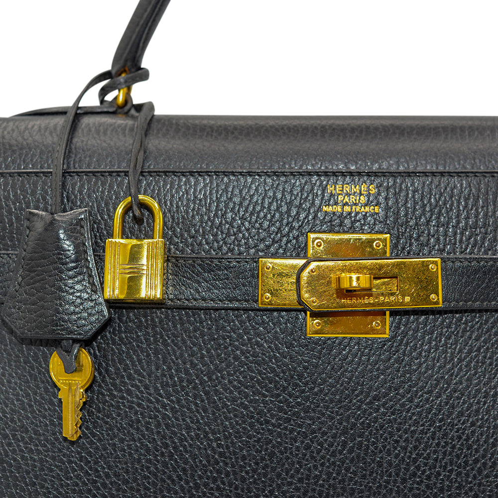 Hermès Black Vache Ardennes Sellier Kelly 35 with Gold Hardware