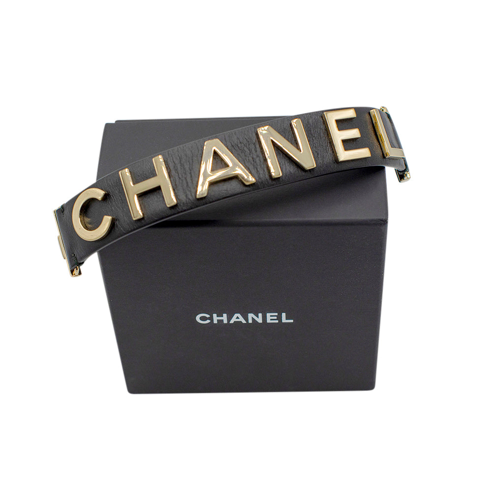 Chanel Logo Black Calfskin and Gold Cuff Bracelet