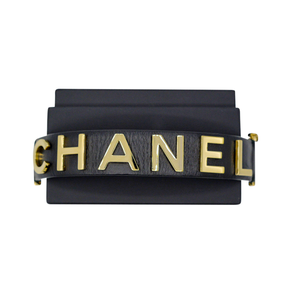 Chanel Logo Black Calfskin and Gold Cuff Bracelet