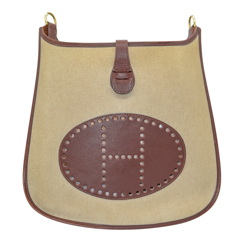 Hermès Bi-Color Brown Canvas/Leather Evelyne Bag GM