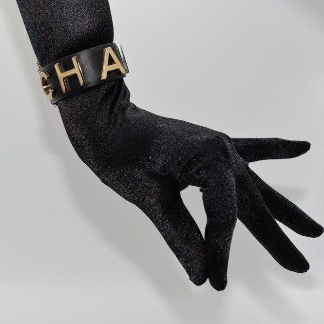 Chanel Logo Black Calfskin and Gold Cuff Bracelet