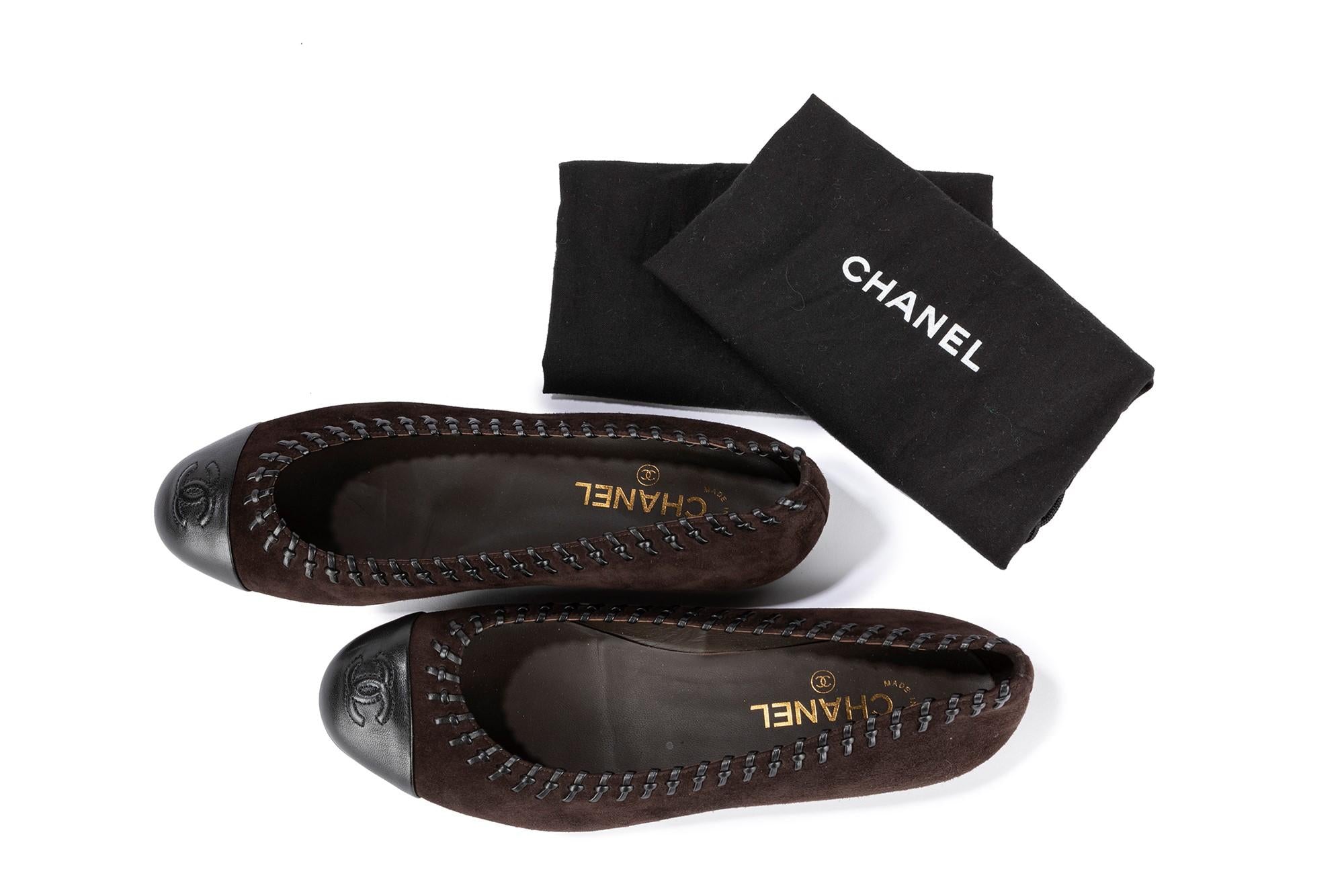 Chanel Suede Leather Dark Brown Captoe Ballerina Flats - Size 41 EU / 11 US