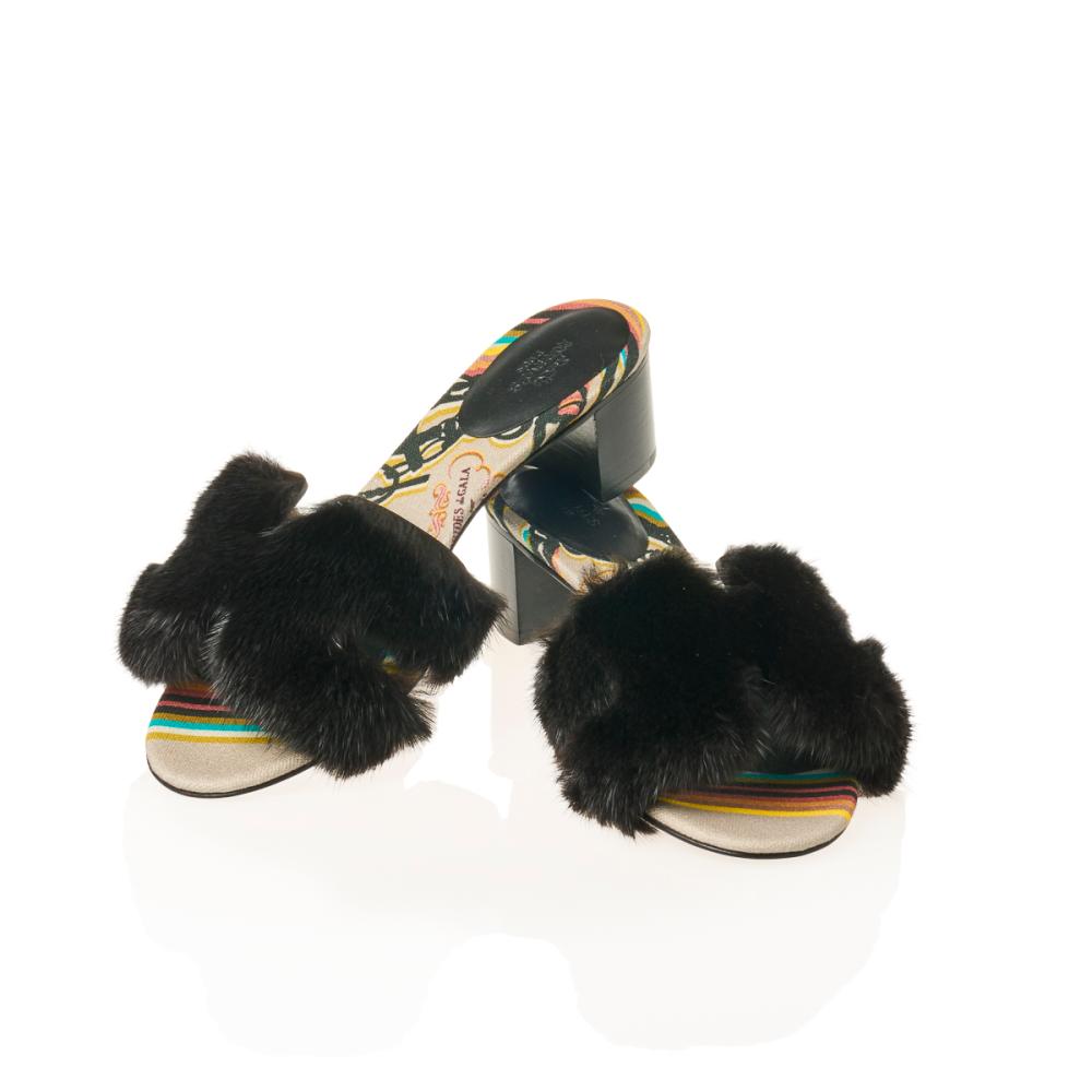 Hermès Black Mink Oasis Sandals - Size 39 EU / 9 US