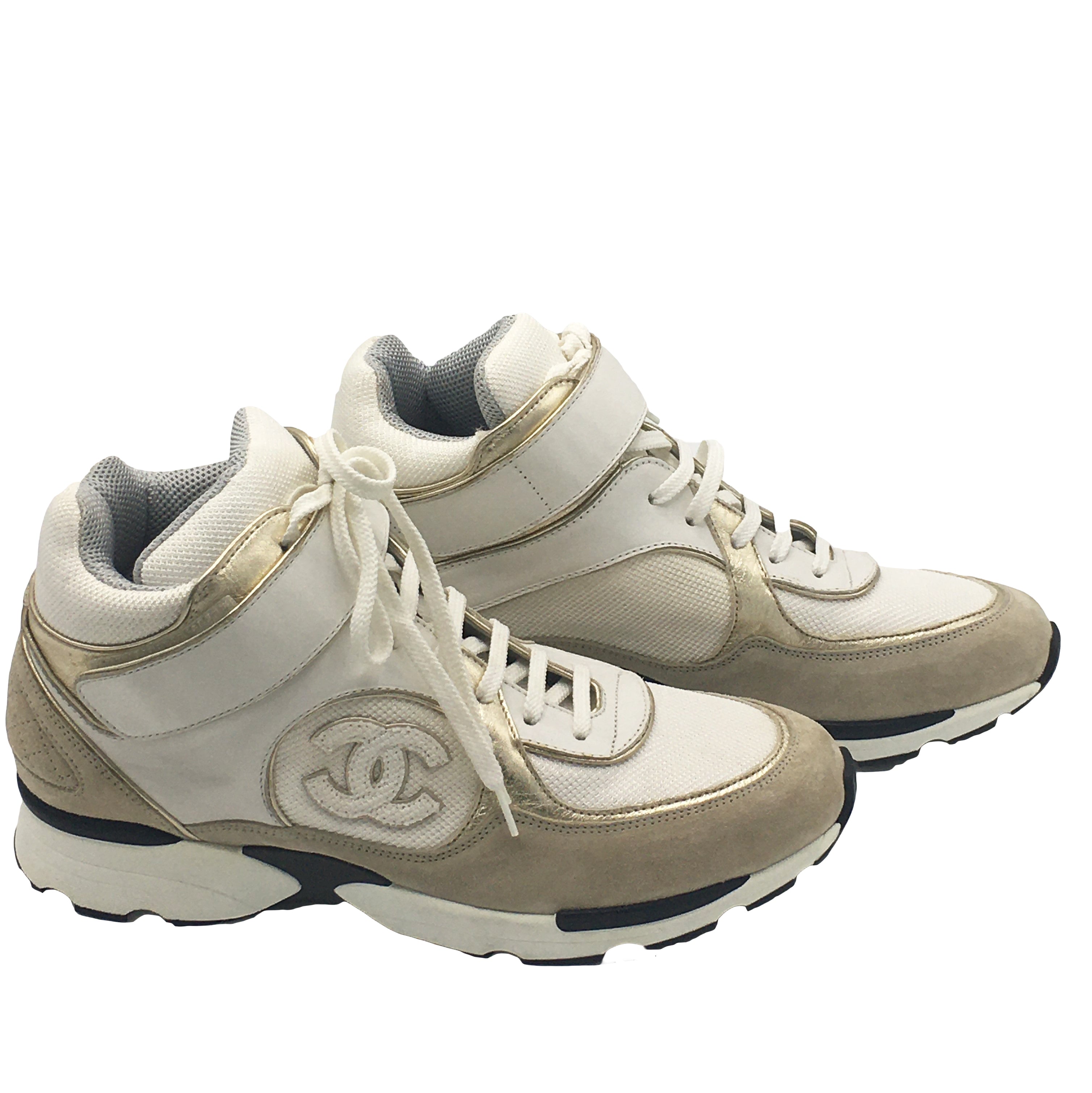 Chanel Beige High-Top CC Sneakers Trainers Suede Calfskin - Size 40.5 EU / 10.5 US