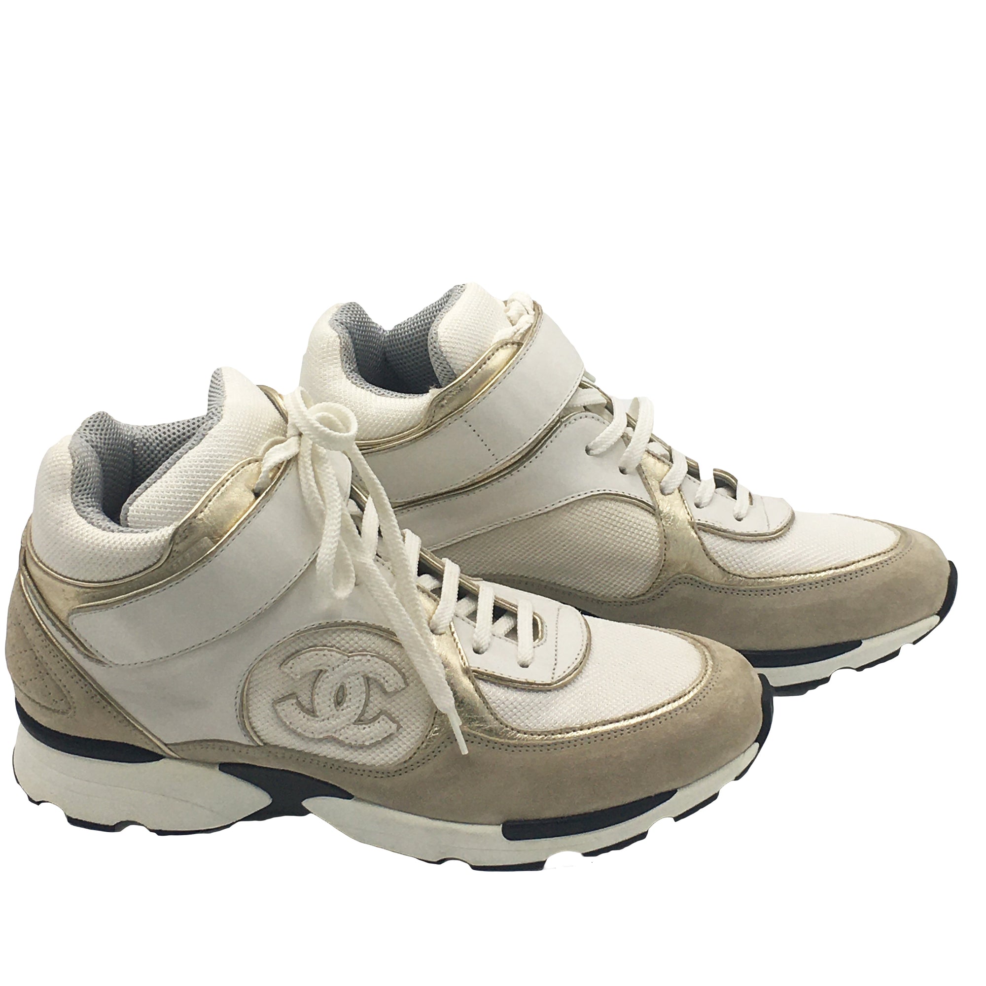 Chanel Beige High-Top CC Sneakers Trainers Suede Calfskin - Size 40.5 EU / 10.5 US