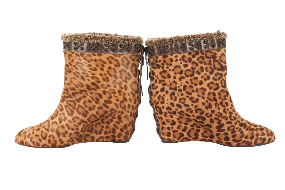 Christian Louboutin Brown Leopard Wedge Ankle Boots - Size 11