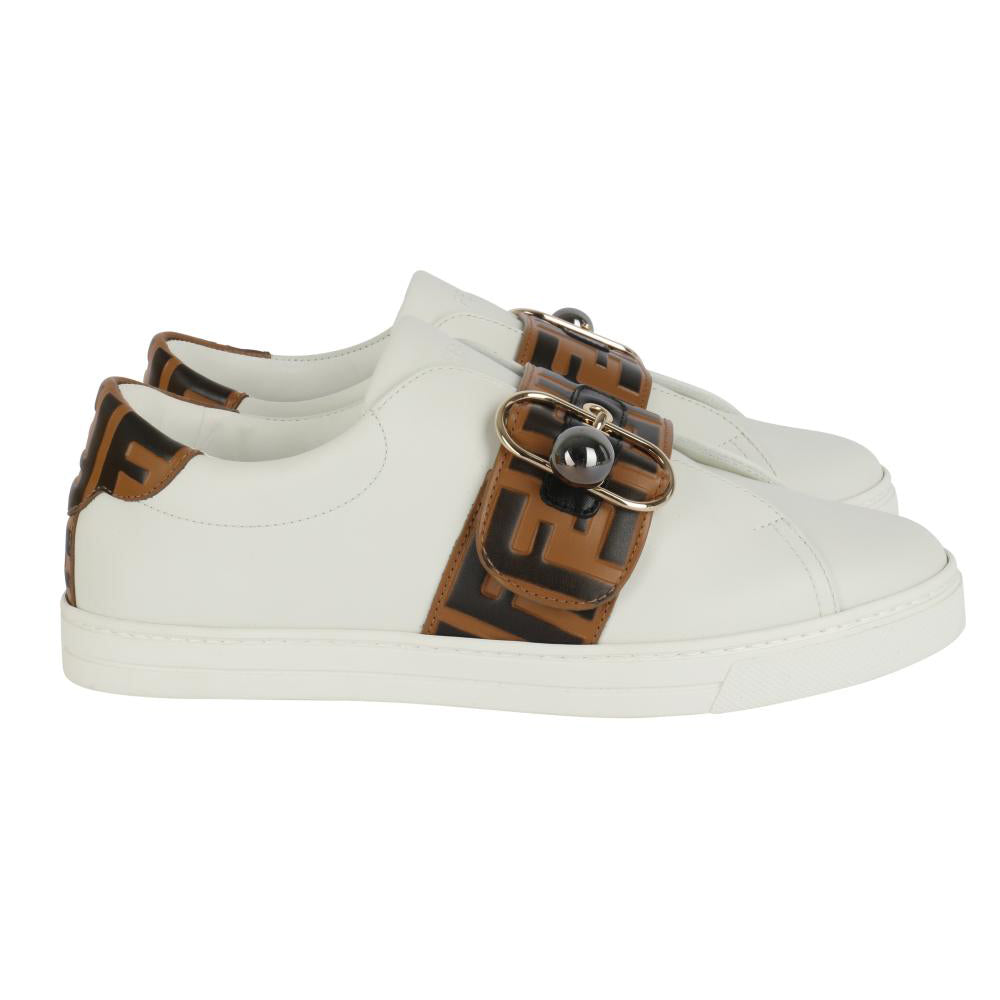 Fendi White Tobacco Monogram Slip-On Sneakers - Size 38 EU / 8 US