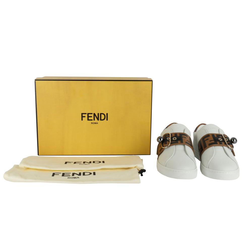 Fendi White Tobacco Monogram Slip-On Sneakers - Size 38 EU / 8 US