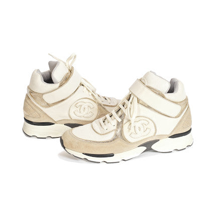 Chanel Beige High-Top CC Sneakers Trainers Suede Calfskin - Size 40.5 EU / 10.5 US