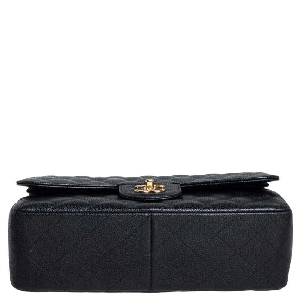 Chanel Black Caviar Quilted Jumbo Double Flap Gold Hardware