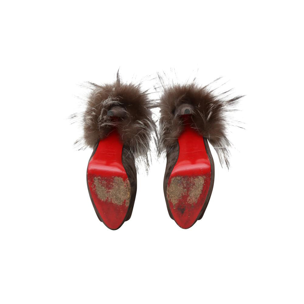 Christian Louboutin Brown Suede Platform Slingback Heels with Fur Accent - Size 40 EU/ 10 US