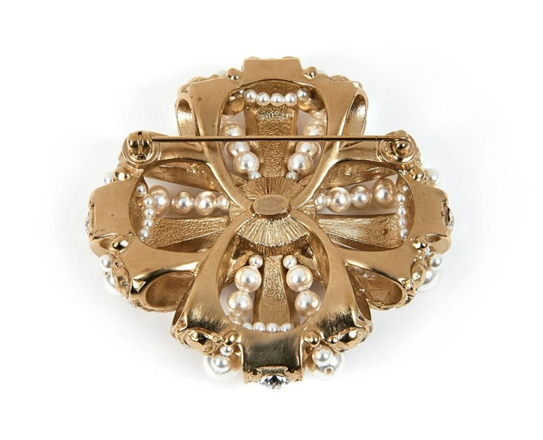 AUTHENTIC BALMAIN BROOCH, CRYSTALS ACCENT, GOLD TONE