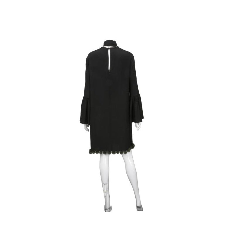 Fendi Black Silk Pom Pom Fur Trim Long Sleeve Dress Size 42