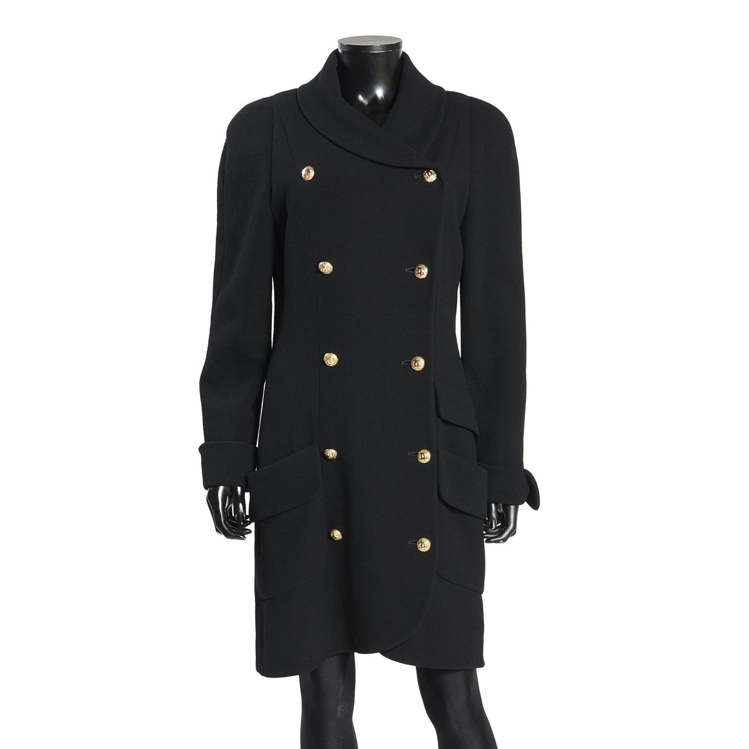 Chanel Boutique Black Wool Coat Dress with Gold Chanel Buttons - Medium