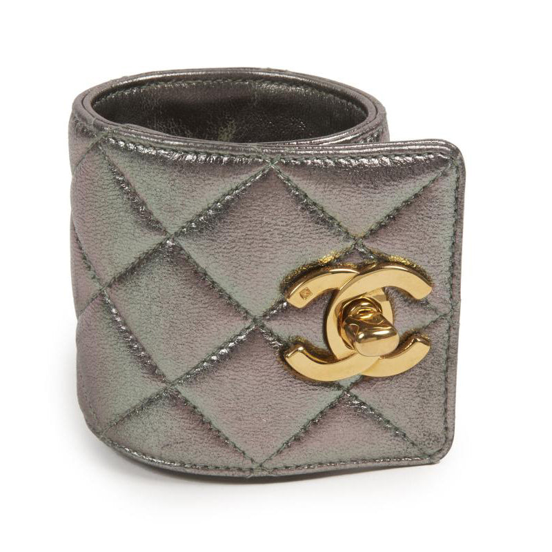 Chanel Quilted Silver Leather CC Gold Turn-lock Wide Cuff
