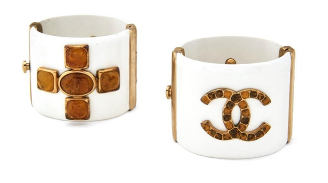 Chanel Pair of Cuff Bracelets in White and Orange Resin
