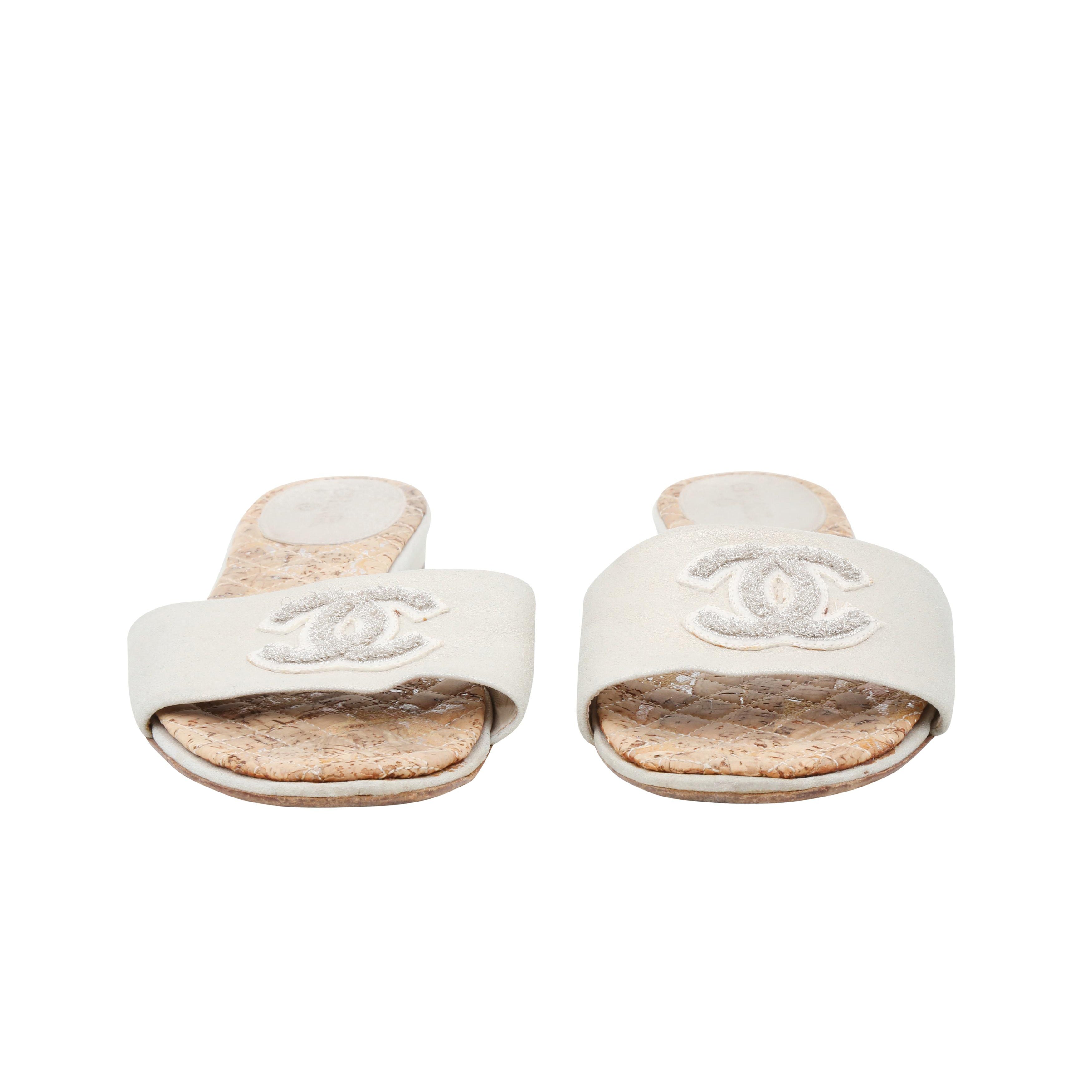 Chanel Pale Gold Embroidered Logo Slide - Size 41.5 EU / 11.5 US