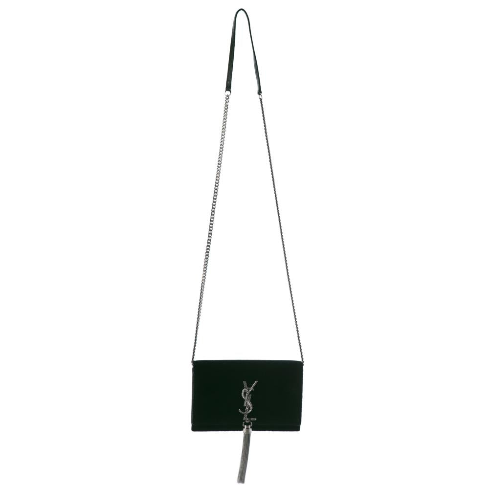 Saint Laurent Green Velvet Crystal Monogram Kate Clutch with Chain Shoulder Strap