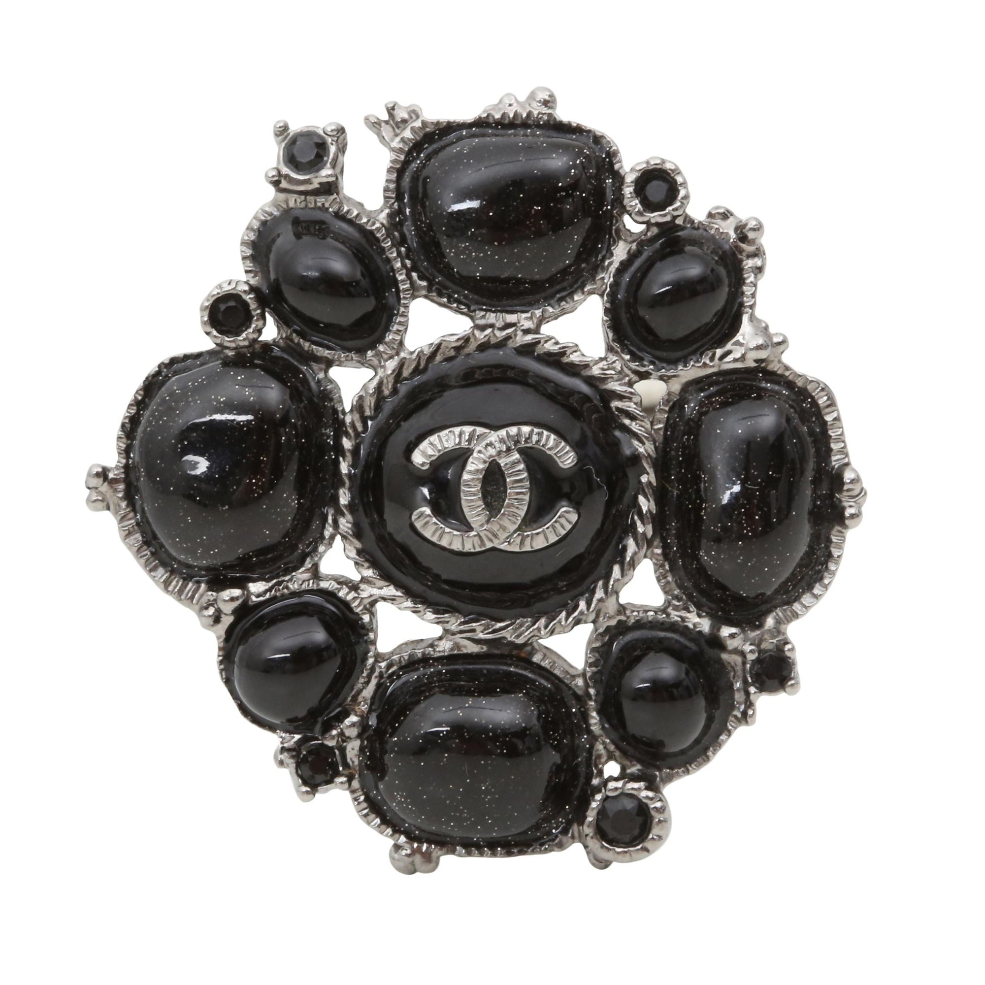 Chanel Black Resin CC Logo Gripoix Ruthenium Pin Brooch 