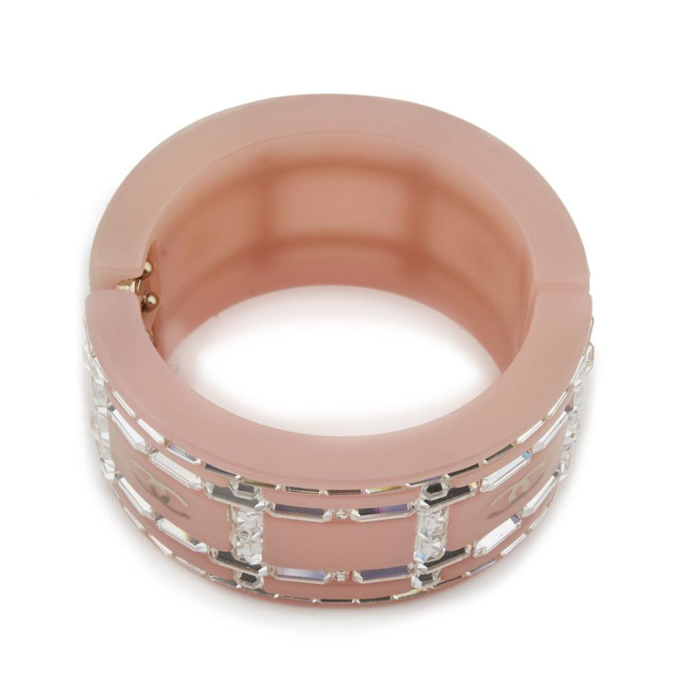 Chanel Pink Resin Cuff with Baguette Crystals and Gold CC Logo