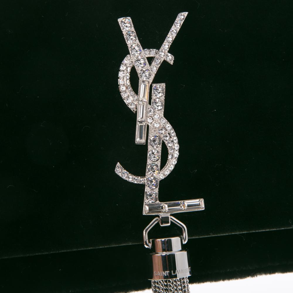 Saint Laurent Green Velvet Crystal Monogram Kate Clutch with Chain Shoulder Strap