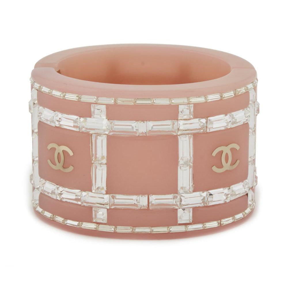 Chanel Pink Resin Cuff with Baguette Crystals and Gold CC Logo