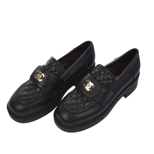 Chanel Black Fabric Quilted CC Crystal Embellished Slip On Loafers Size 38  Chanel