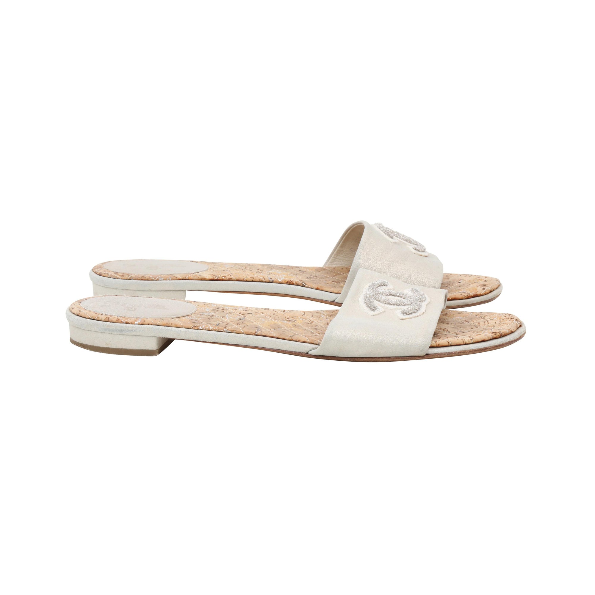 Chanel Ivory Tweed Top CC Logo Espadrilles Slide Sandals Flats Eu 40