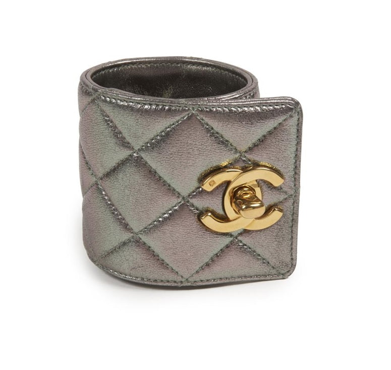 Chanel Quilted Silver Leather CC Gold Turn-lock Wide Cuff